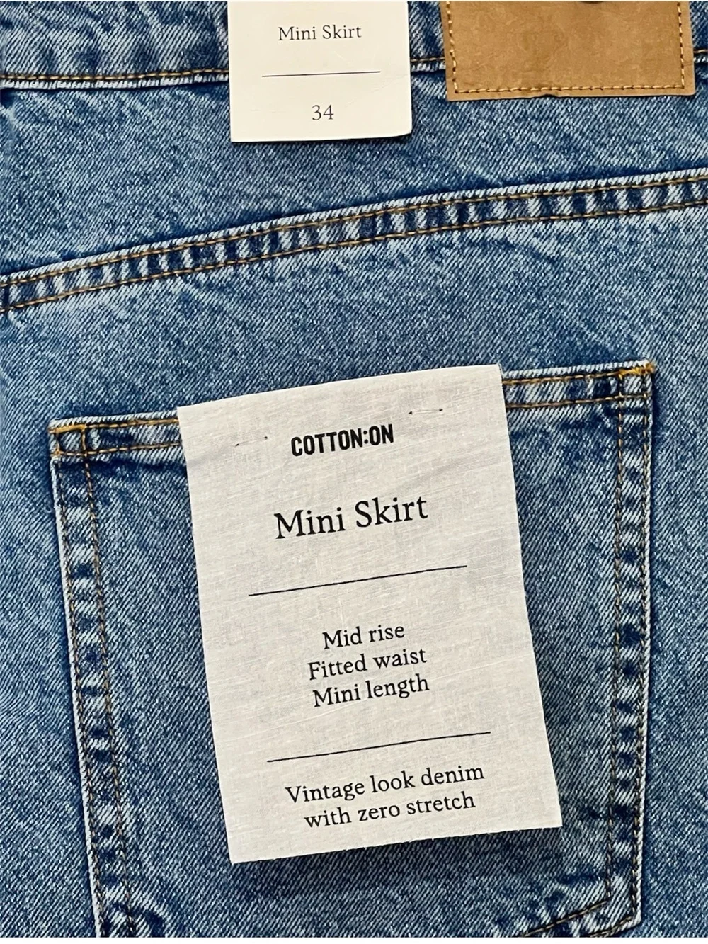 Cotton-On Denim Mini Skirt Mid Rise Fitted‎ Waist Vintage Look, Blue, Sz 34 / XL